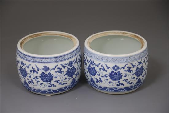 A pair of Chinese blue and white jars and covers, Yongzheng marks but later, D. 13.5cm